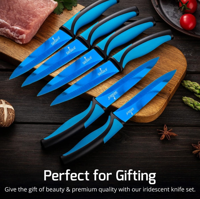 Stainless steel color coated blade kitchen knives with blue handle