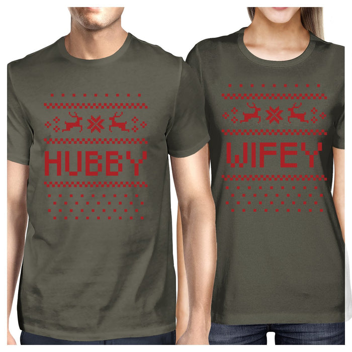 Pixel Nordic Hubby And Wifey Matching Couple Dark Grey Shirts