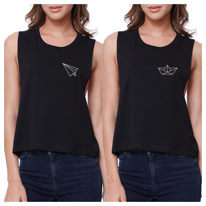 Origami Plane And Boat BFF Matching Black Crop Tops