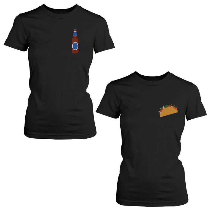 Taco and Beer BFF Women's Best Friend Pocket Print Matching Black Shirts Tees for Summer