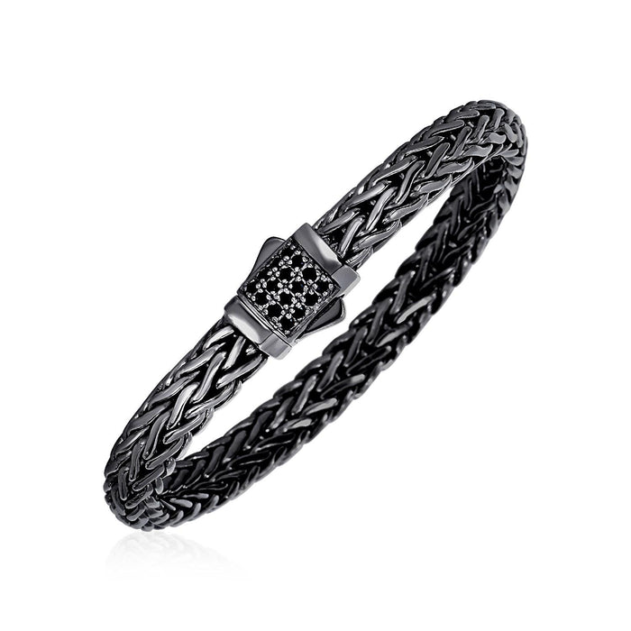 Woven Rope Bracelet with Black Sapphire and Black Finish in Sterling Silver